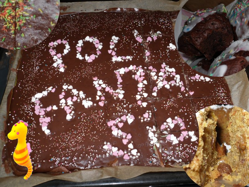 veganer kuchen mit viel schokolade und der aufschrift polyfantasia. und muffins.